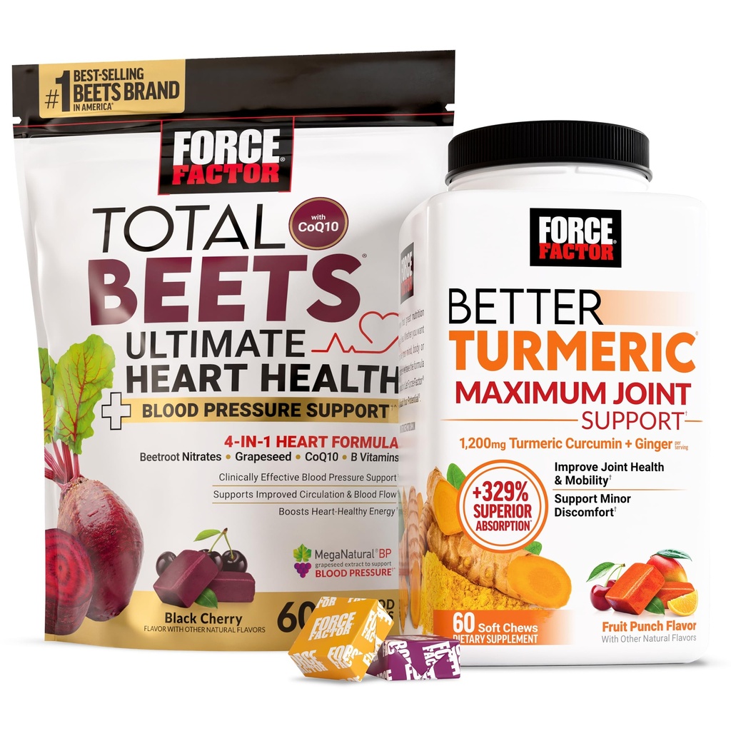 Force Factor Better Turmeric Maximum Joint Support, 1075mg Curcumin Total Beets Ultimate Heart Health Blood Pressure Support Chews with CoQ10, 120 Soft Chews