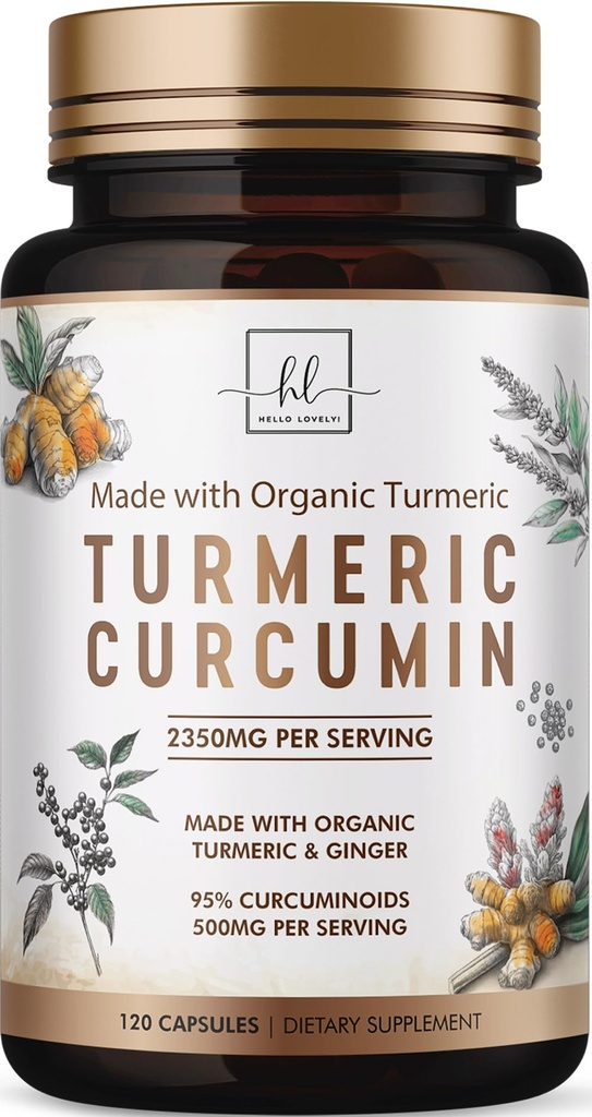 Turmeric Curcumin Supplement with 95% Curcuminoids, Organic Turmeric & Ginger 1750mg, BioPerine Black Pepper for Best Absorption, Nature's Vegan Joint Support, Non-GMO, Bottled in USA - 120 Capsules