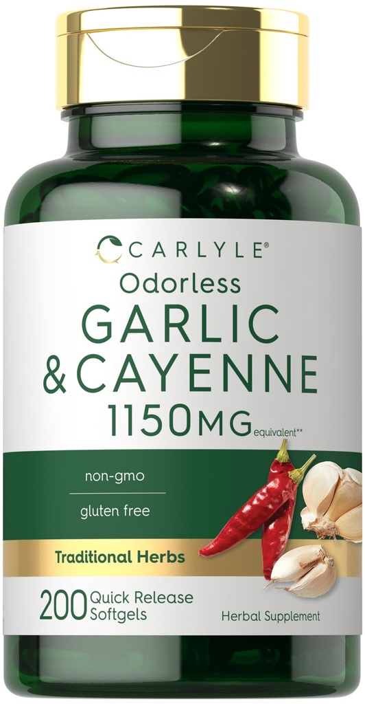 Carlyle Odorless Garlic and Cayenne | 200 Softgels | Non-GMO, Gluten Free Supplement