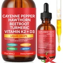 Cayenne Pepper Drops Supplement Liquid with Hawthorn Berry, Vitamin D3 K2 Beet Root Powder, Ceylon Cinnamon, Turmeric Curcumin, Organic Panax Ginseng, Berberine Extract Organic