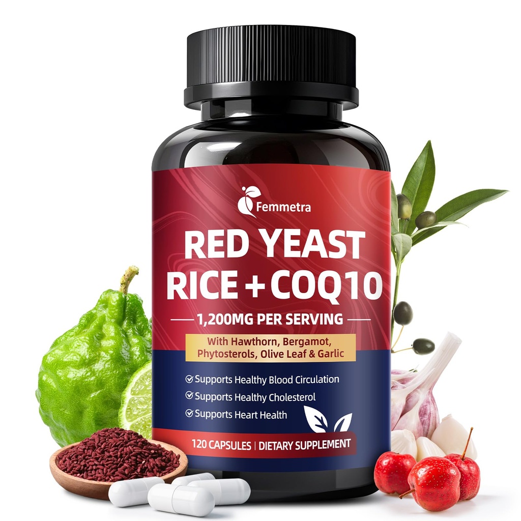 Red Yeast Rice 1200mg with CoQ10 Supplement, 11-In-1 Advanced Heart Health & Healthy Cholesterol Formula | Contain Vitamin D3, K2, Bergamot & Hawthorn | No Citrinin, NON-GMO, 120 Vegan Capsules