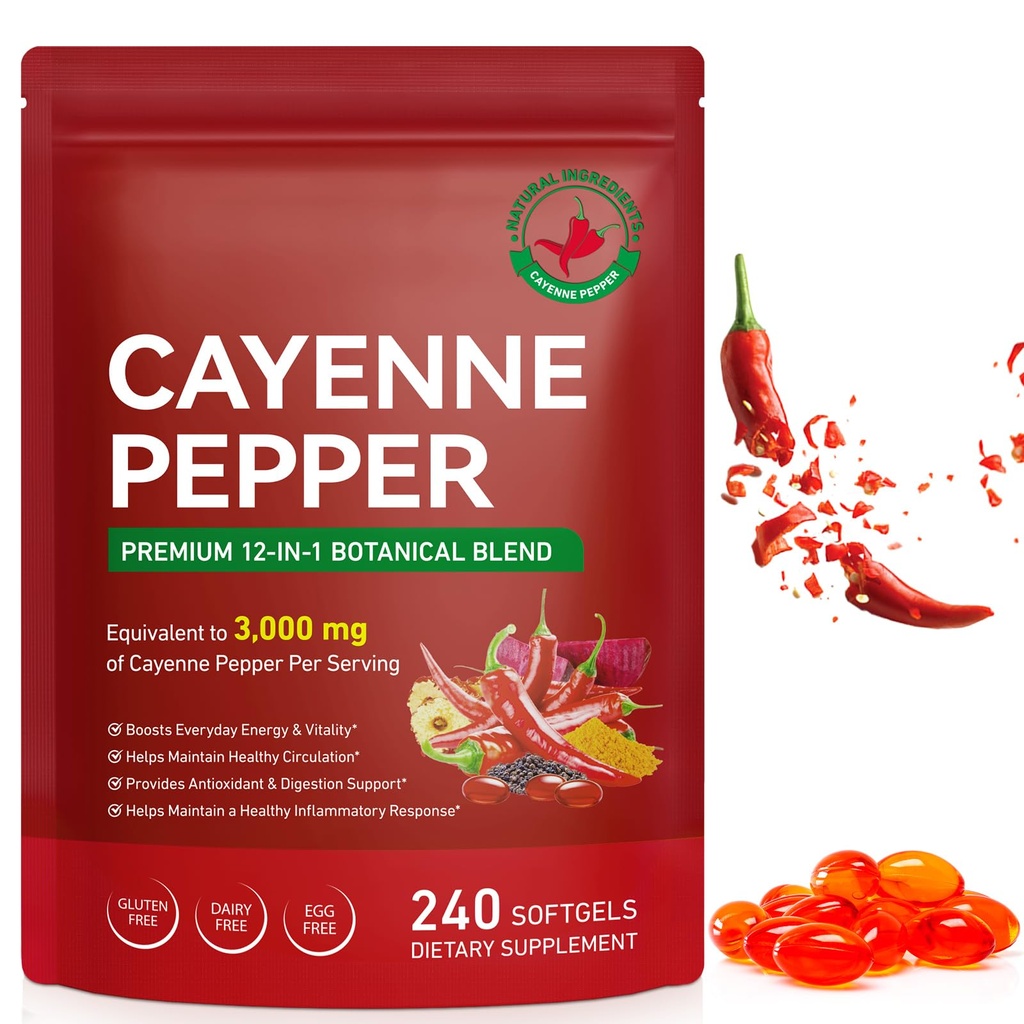 Daiasns Cayenne Pepper Softgels, 3000mg Capsaicin Supplements with Vitamin D3 K2 E, Grape Seed, Hawthorn, Beetroot, Supports Leg Vein, Heart & Circulatory Health, 240 Softgels