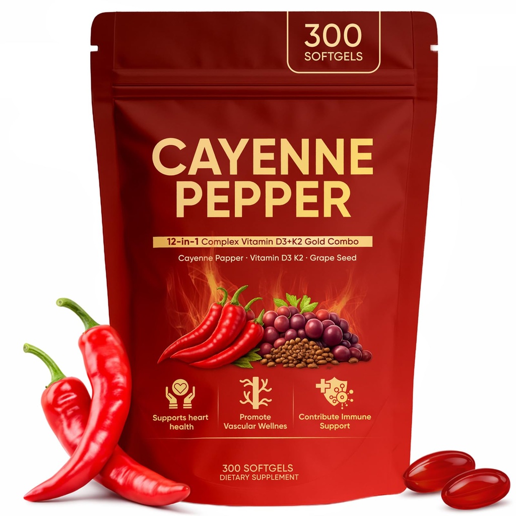 Cayenne Pepper Softgels, Organic Cayenne Pepper Capsules with Vitamins D3 K2, Grape Seed, Beet Root, Capsaicin Supplements Supports Heart and Blood Vessel Health, Non-GMO, 300 Softgels