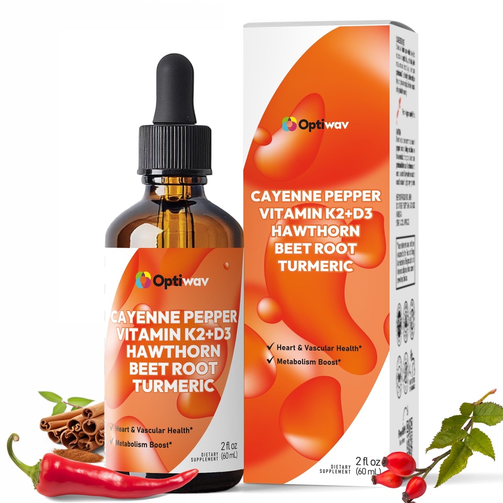 Cayenne Pepper Drops Liquid Supplement - Hawthorn, Beet Root, Turmeric, Ceylon Cinnamon & Berberine with Vitamins K2 & D3 for Cardiovascular Wellness & Daily Vitality Support