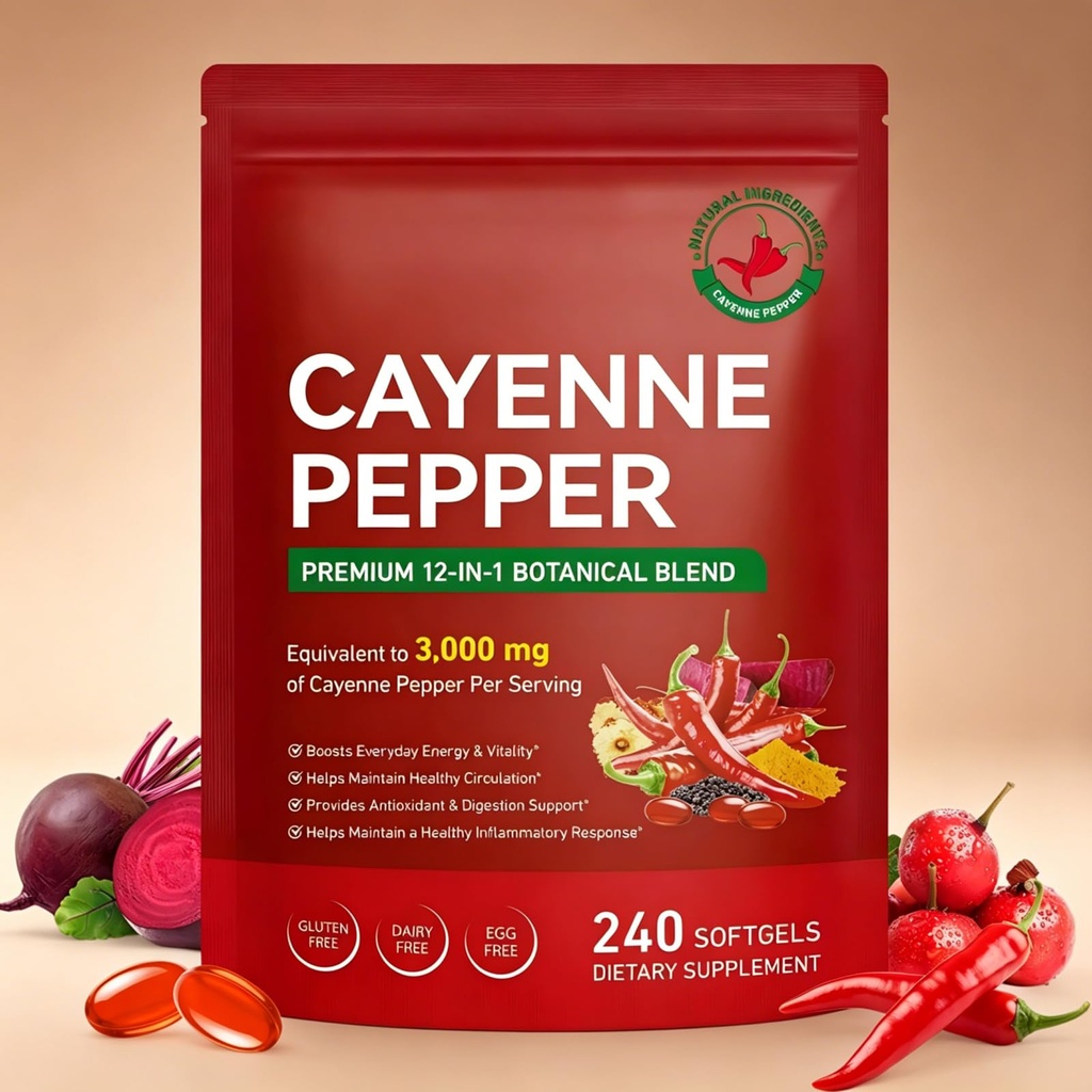 Cayenne Pepper Softgels, 240 Count (80 Days Supply) | Non-GMO | with Beetroot, Hawthorn & D3+K2 for Cardiovascular, Circulation & Antioxidant Health
