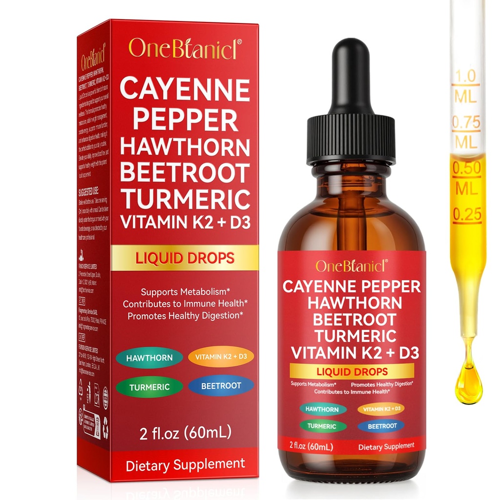 Organic Cayenne Pepper Drops 60ml, Cayenne Pepper Hawthorn Beet Root Turmeric Vitamin k2 d3, Boosts Metabolism, Aids Digestion, Strengthens Immunity