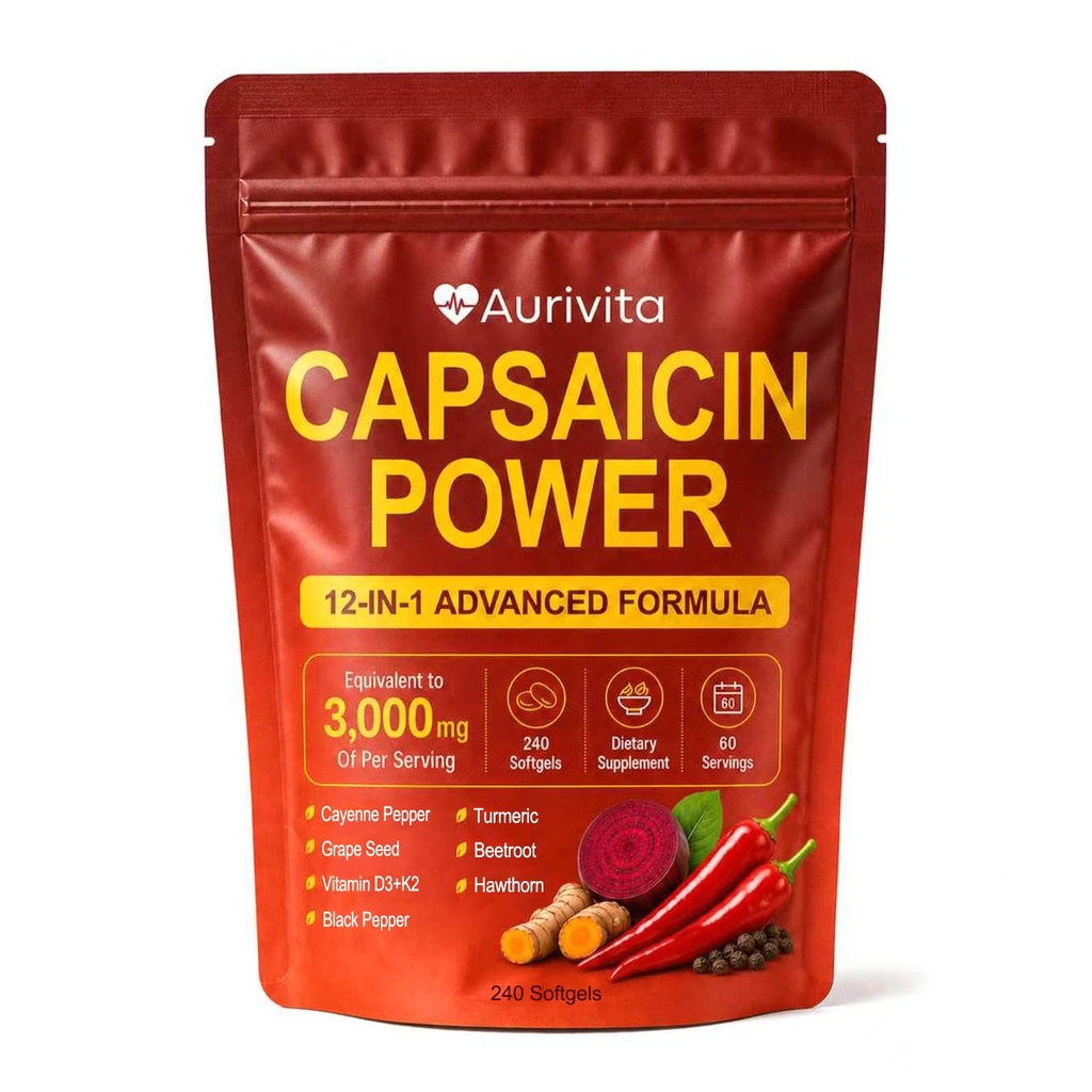 Aurivita Capsaicin Power – Cayenne Pepper Softgels, Digestive Health & Circulation Support, 240 Softgels