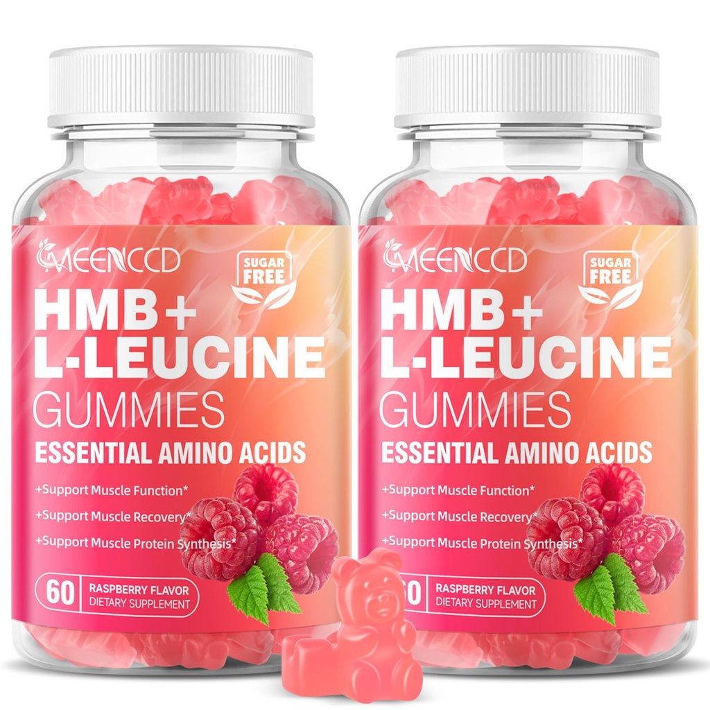 MEENCCD 2 Pack HMB and L-Leucine Gummies, HMB and Leucine Amino Acid for Muscle Growth, Muscle Maintenance, and Muscle Function, for Men & Women, Sugar-Free, Raspberry Flavor, 120 Count