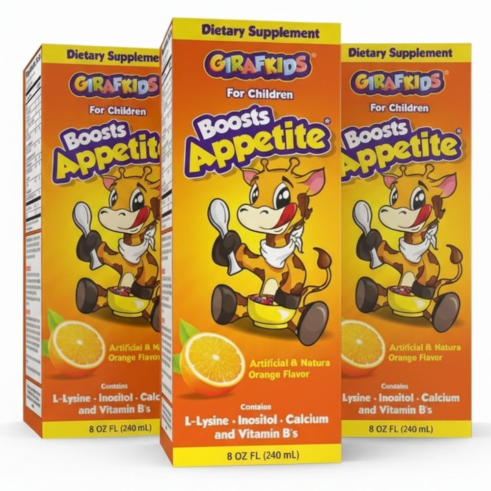 GirafKids Appetite Booster Syrup for Kids, Pack of 3 - Liquid Multivitamins L-Lysine, Inositol, Calcium - Appetite Vitamins for Children