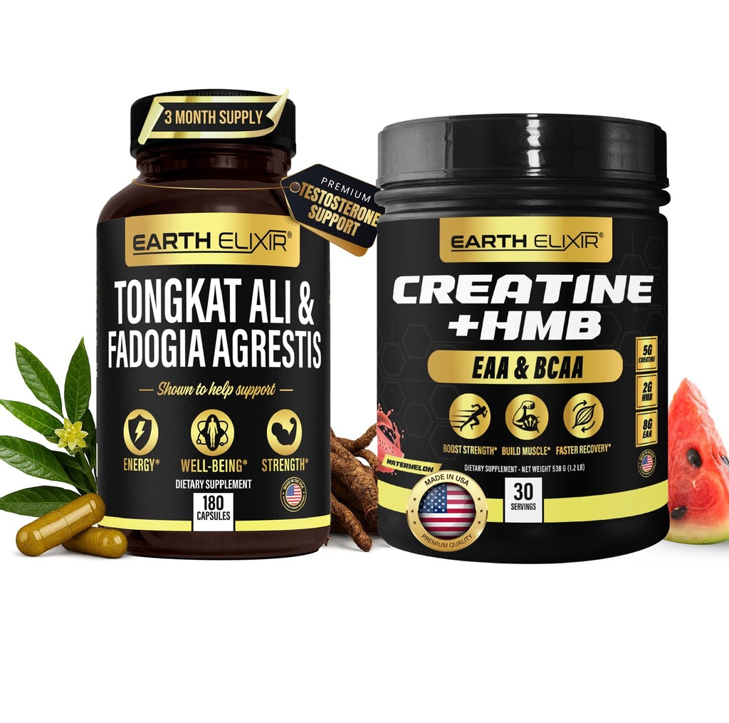 Earth Elixir Fadogia Agrestis + Tongkat Ali & Creatine HMB + EAAs Bundle — Vitality, Strength & Recovery Stack | Muscle Growth, Energy & Performance Support