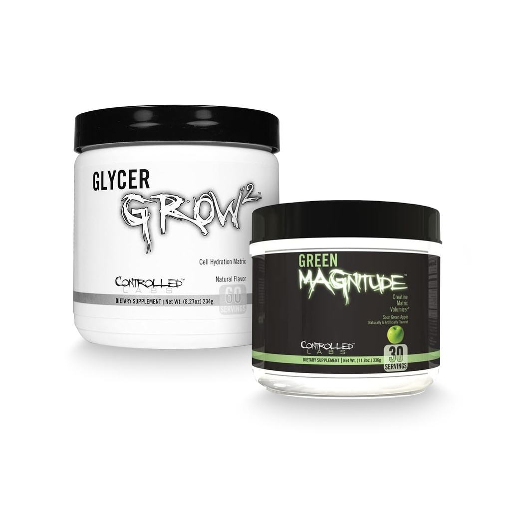 CONTROLLED LABS Green Magnitude + GlycerGrow 2 Virtual Bundle – Creatine & Glycerol Powder Stack for Strength, Endurance, Cell Volume & Performance – Sour Green Apple 30 Servings + Unflavored 60 Serv