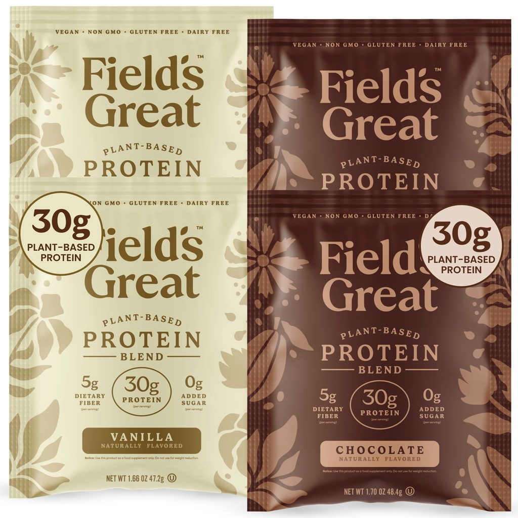 Field's Great Plant-Based Protein with Fiber for Muscle Maintenance, Vegan Protein Powder, Whey Free, Gluten Free, Dairy Free - 30g of Protein and 5g Fiber in Each Serving (Variety -4 Servings)