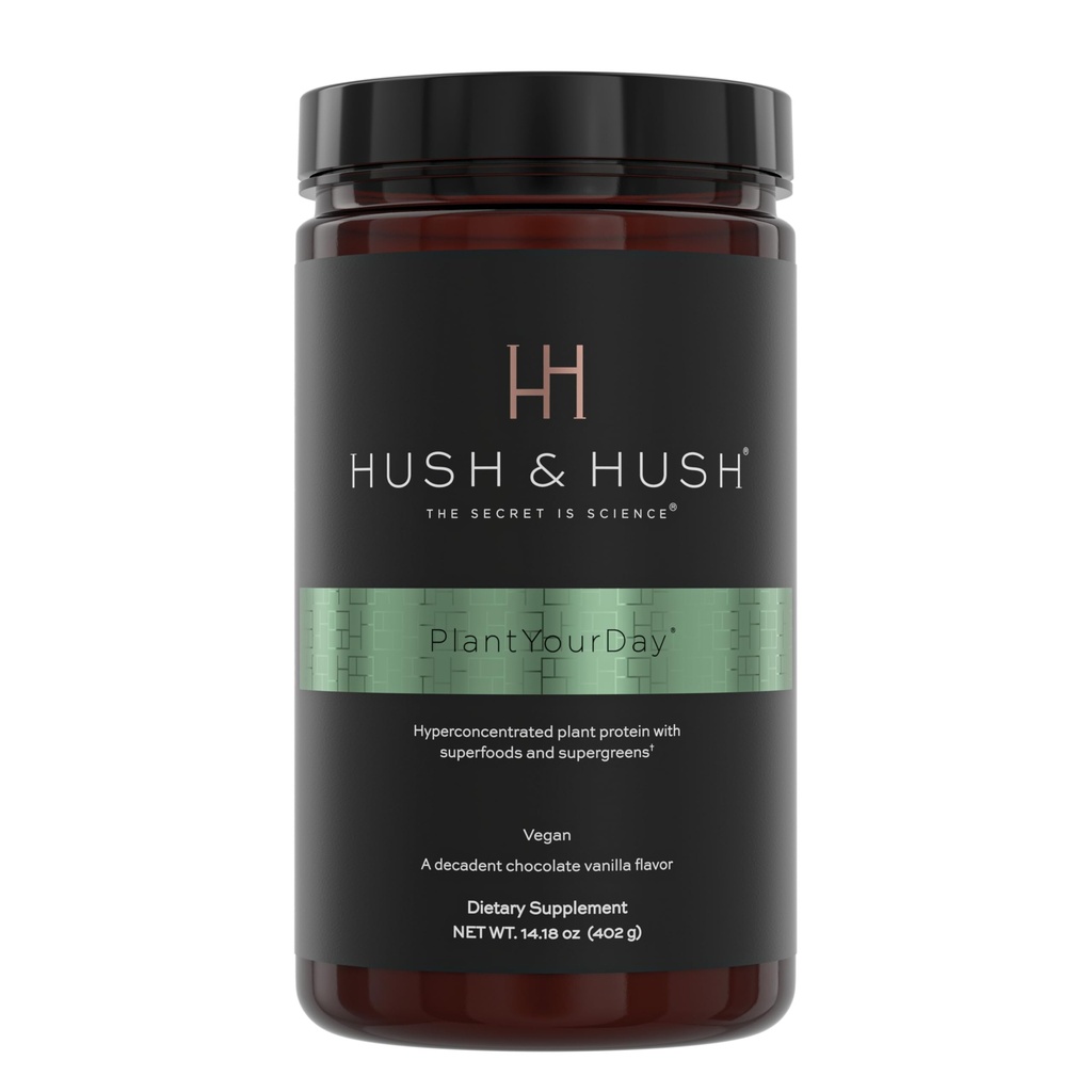 Hush & Hush PlantYourDay, Vegan Super Greens with Pea Protein Powder Contains Broccoli, Fiber, Magnesium, Folic Acid, Cinnamon, Psyllium Husk Powder, Prebiotics and Probiotics, Gluten Free - 14.18 oz