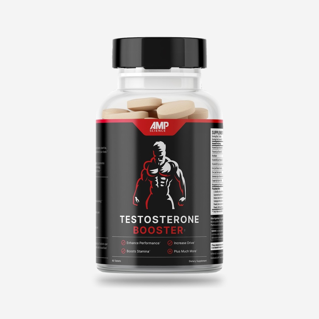 Amp Science® Testosterone Booster – 60 Tablets – Ashwagandha, Tribulus, Zinc & Herbal Blend to Support Vitality, Energy, Stamina, Muscle Strength and Healthy Testosterone Levels for Men