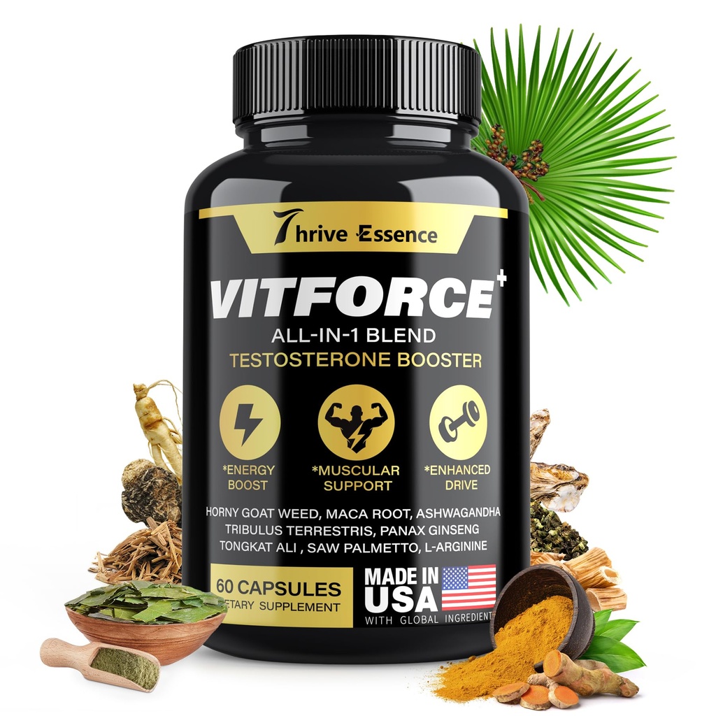 Testosterone Booster Supplement for Men - Horny Goat Weed, Maca, Ashwagandha, Tribulus Terrestris, Tongkat Ali, Energy, Stamina, Endurance, Strength Booster, Gluten-Free, 60 Capsules