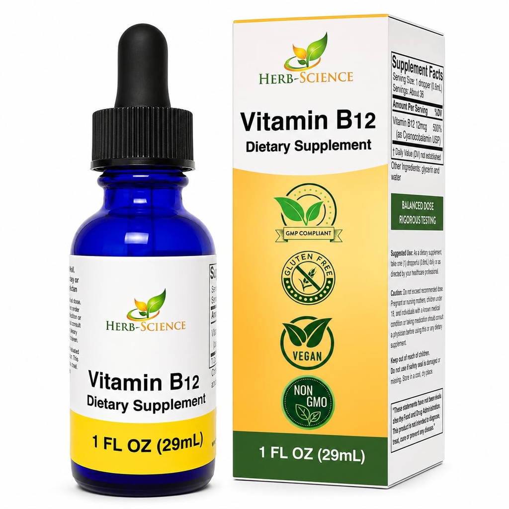 Liquid Vitamin B12 – Cold-Pressed, High Absorption, Vegan, Alcohol-Free, Sublingual B12 Drops, Cyanocobalamin, No Artificial Flavors, Blue Cobalt Glass Bottle for Maximum Freshness - 1 oz