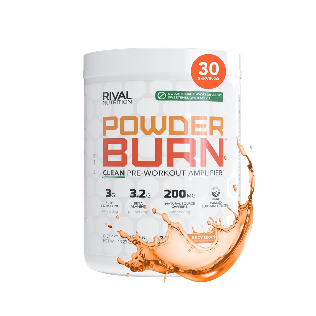 RIVAL NUTRITION Powder Burn Pre-Workout Energy Powder for Men and Women I Juicy Orange, 30 Servings | Clean Ingredients I 3g L-Citrulline, 3.2g Beta-Alanine and 200mg Natural Caffeine Per Serving
