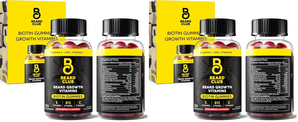 The Beard Club Biotin Beard Growth Vitamin Gummies - Hair Supplement for Men - Vitamins B12, E, & C to Support a Thicker Fuller Looking Facial Hair - Strawberry Gummy (Pack of 2)