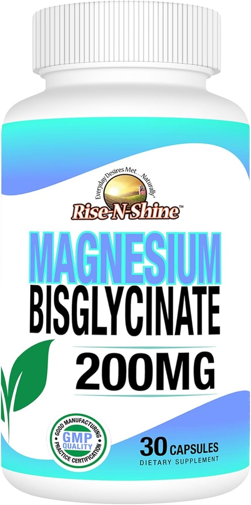 Rise-N-Shine - Magnesium Bisglycinate 200 mg - Joint & Muscle Support - Energia, digestioa eta hezurrak onartzeko osagarria - Magnesium for Sleep Support and Rest (30 kapsulak)