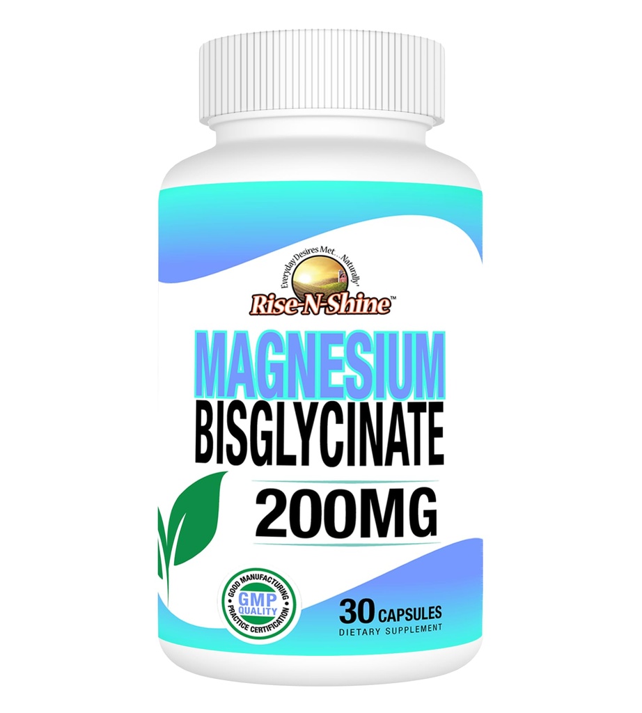 Rise-N-Shine - Magnesium Bisglycinate 200 mg - Joint & Muscle Support - Supplement to Support Energy, Digestion and Bones - Magnesium for Sleep Support and Rest (30 Capsules)