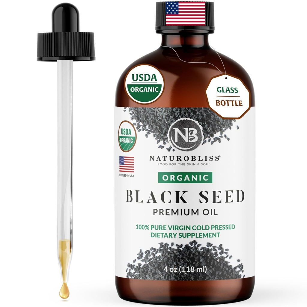 NaturoBliss Organic Black Seed Oil 100% Virgin Cold Pressed Omega 3 6 9 Super Antioxidant for Immune Support, Joints, Mobility, Digestion, Hair Skin Vegan, Gluten-Free, Non-GMO USDA Certified 4oz