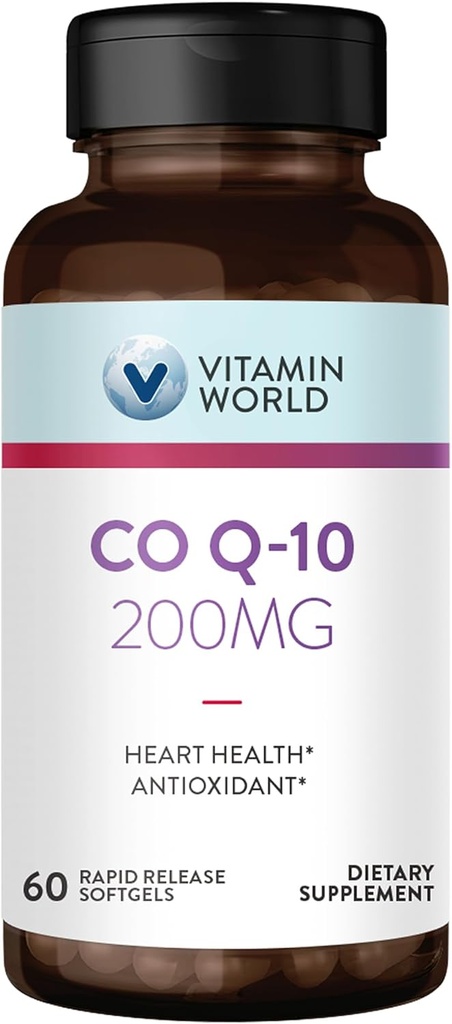 World Vitamin CoQ10 200 mg Softgels, Coenzyme Q10 Antioksi Destek, Kalp Sağlığı ve Enerji Üretimi, Gluten Free, 60 Hızlı Yayın Softgels