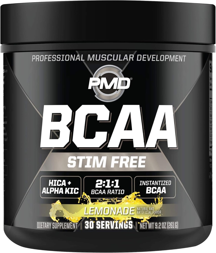 PMD Sports BCAA Stim-Free Amino Acids - по-добра тренировка производителност, засилено възстановяване, Daily Energy, Muscle Builder и Muscle Sparing - BCAA Powder Drink Mix - Lemonade (30 сервис)