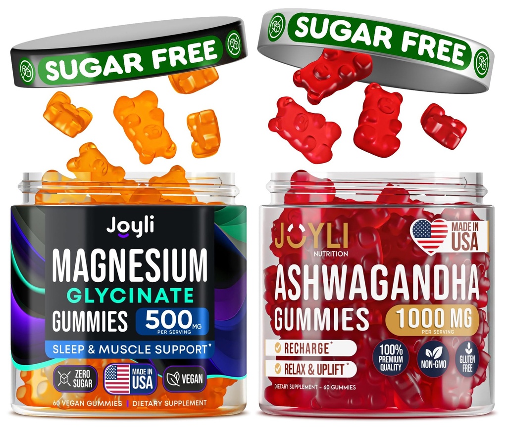 JOYLI Magnesium & Ashwagandha Gummies Bundle – Sugar-Free Vegan with Magnesium Glycinate & Ashwagandha Root – Daily Wellness Support – 2x60 Gummies