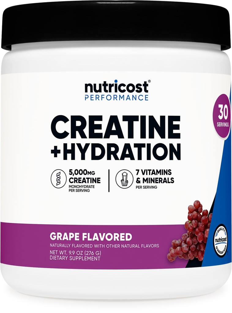 Nutricost Creatine Monohydrate + Hydration Grape Flavored (30 Servings) - 7 Vitamins & Minerals, 5000mg of Creatine Per Serving