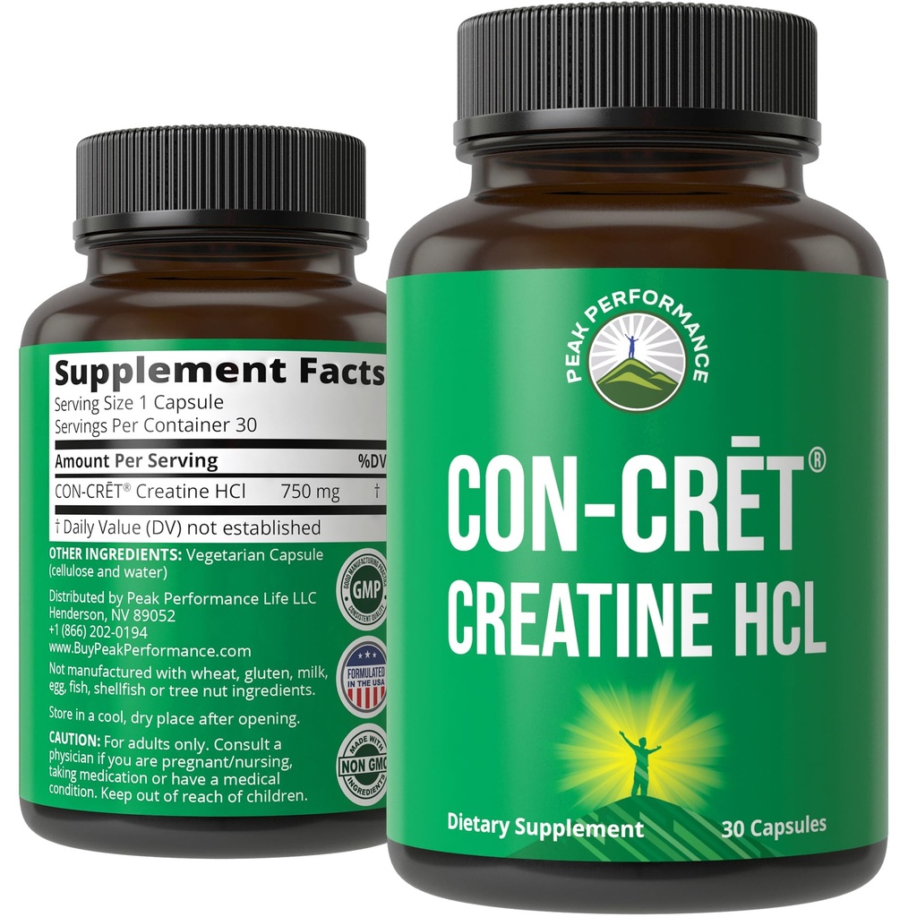 Peak Performance Creatine HCl Made with CON-CRET - 38X More Soluble vs Monohydrate - Creatine Hydrochloride Capsules USA Made, No Loading Required, No Water Retention - Unflavored Pills Supplement
