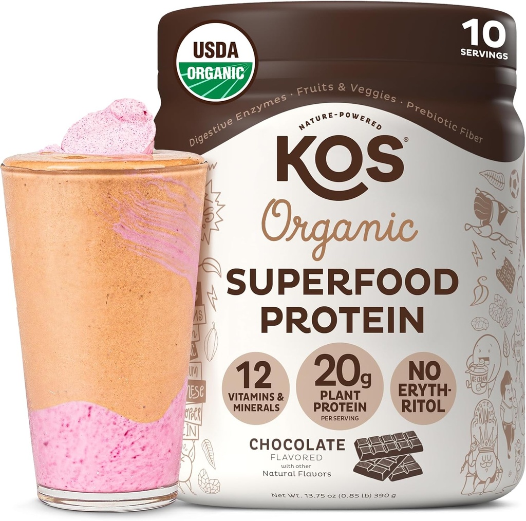 KOS Vegan Protein Powder, Chocolate USDA Organic - Low Carb Pea Protein Blend, Plant Based Superfood mit Vitaminen & Minerals - Keto, Soy, Gluten Free - Meal Replacement for Women & Men - 10 Servings