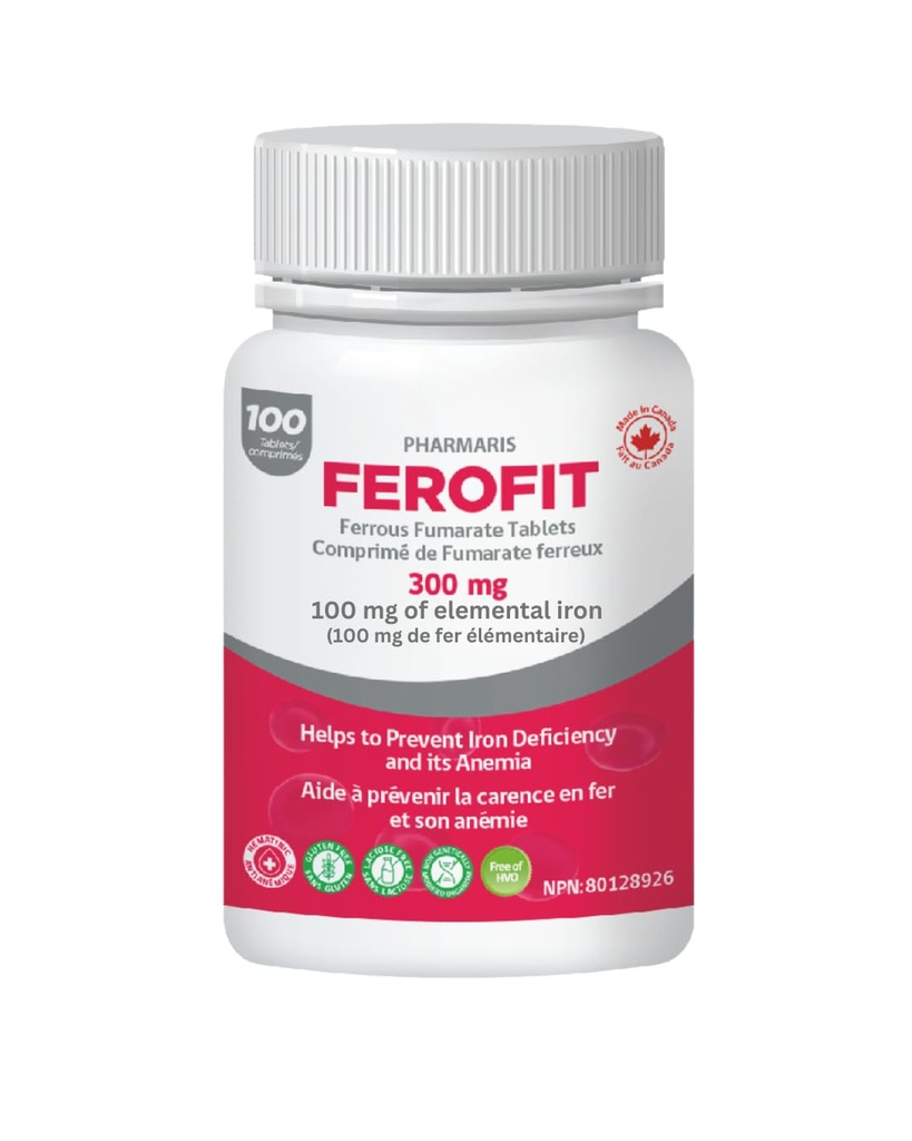 Pharmaris Ferofit - Ferrous Fumarate 300mg (100mg Elemental Iron), Prevents Anemia Due to Deficiency, Iron Supplement for Women & Men, 100 Tablets