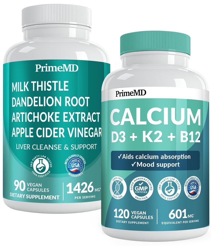 Calcium D3 K2 B12 (1pk) and Liver Support (1pk) Supplement Bundle - Potent Vitamins for Bone, Heart, Liver Function, & Immune Support - Non-GMO, Vegan, Gluten-Free