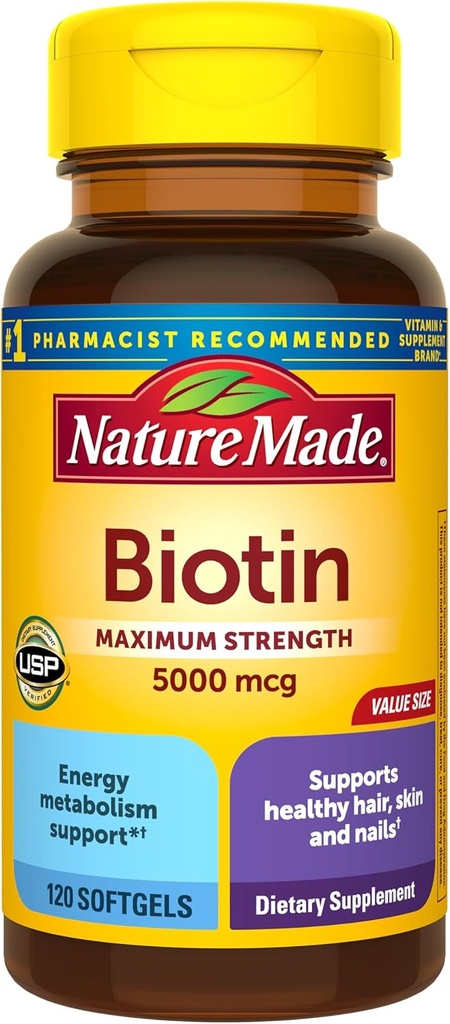 Maximum Strength Biotin 5000 mcg Softgels, 120 count Value Size