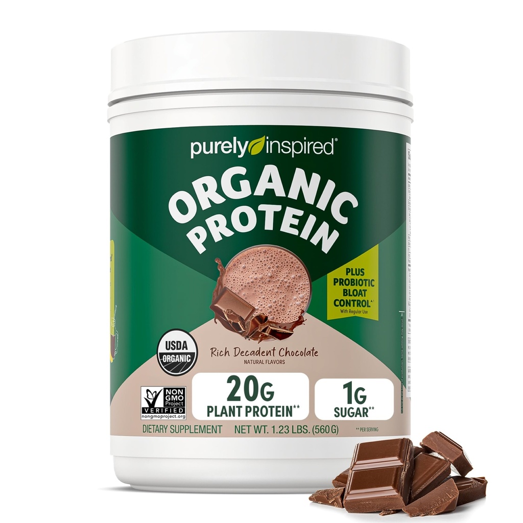 Purely Inspired Plant-Based Protein Powder for Men & Women, Rich Decadent Chocolate (16 Servings) - Vegan & Organic - 20g of Pea Protein Powder for Smoothies & Shakes - Dairy-Free, & Gluten-Free