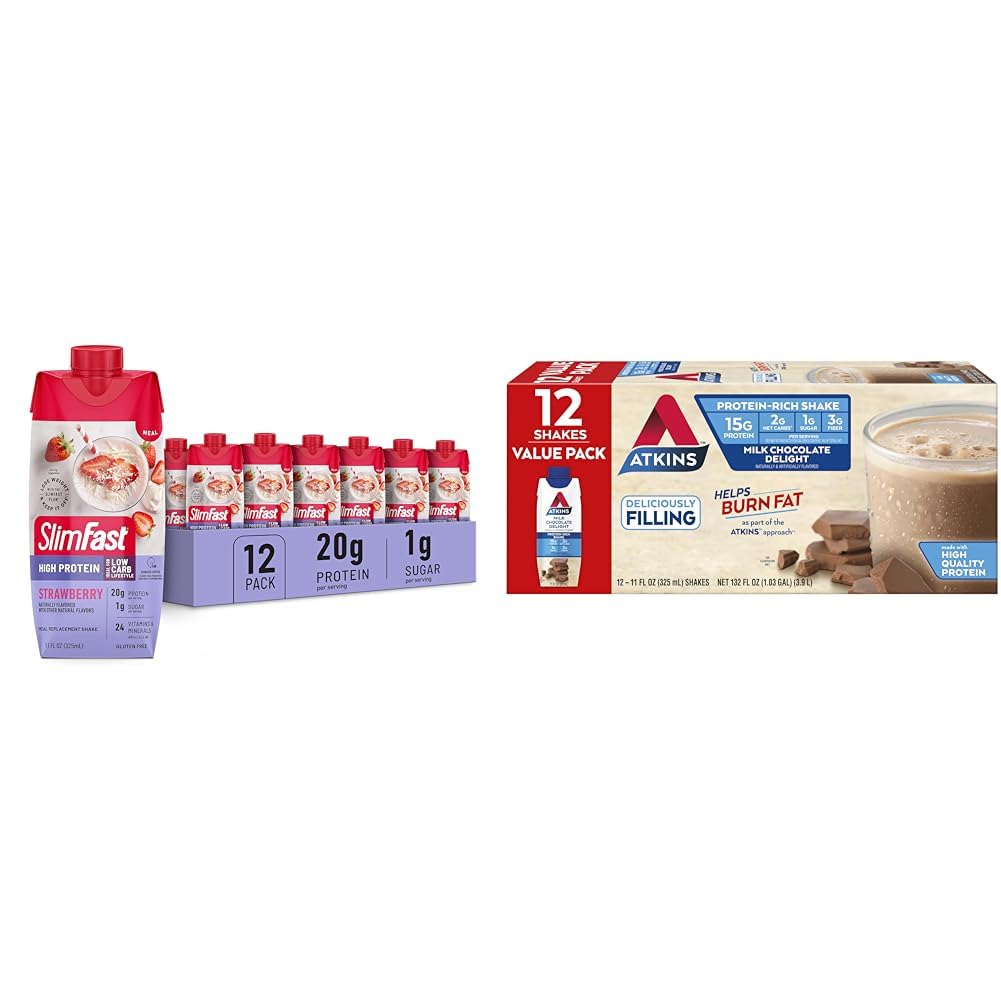 SlimFast Protein Shake, Strawberry- 20g Protein, Meal Replacement Shake Ready to Drink & Atkins Milk Chocolate Delight Protein Shake, 15g Protein, Low Glycemic