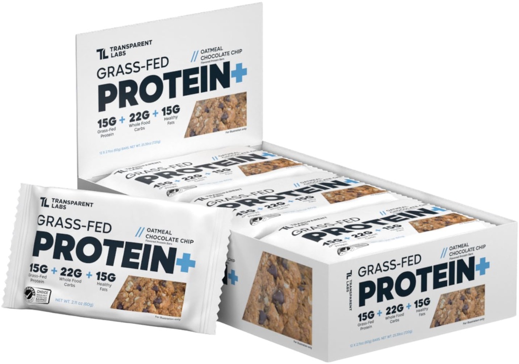Transparent Labs Protein+ Bars - Whole-Food Protein Bars w/ 15g+ Grass-Fed Whey & Egg Whites Protein, Natural Peanut & Almond Butter, No Artificial Sweeteners - Oatmeal Chocolate Chip, 12 Bars
