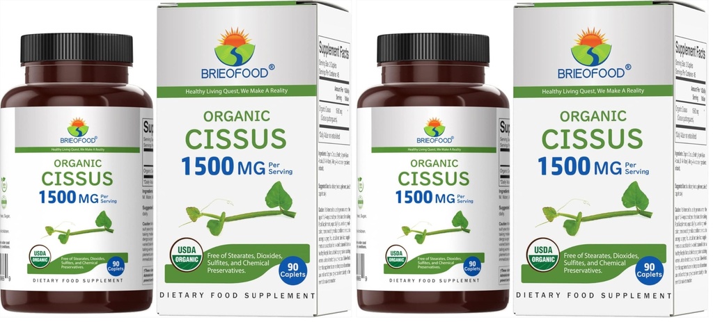 Brieofood Organic Cissus Quadrangularis 1500mg, 45 Servings, Vegetarian, Gluten Free, 90 Vegetarian Tablets (Pack of 2)
