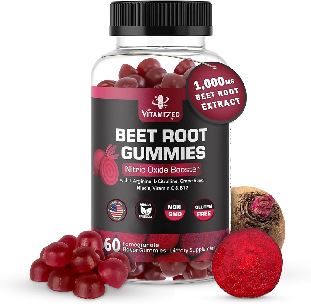 Beet Root Gummies - Super Nitric Oxide Beets supplement - Red Beetroot Heart Chews with Grape Seed Power &quot; B12- Pomegranate Flavor, 60 Chewables Beets