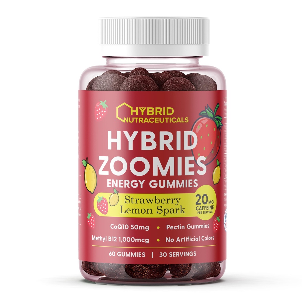Hybrid Zoomies Energy Gummies 1000 mcg B12, 20 mg Natural Caffeine from Arabica Coffee, Green Tea and Guarana Extract, 50 mg of CoQ10, Strawberry Lemon Spark Flavor, Non-GMO, No Crash - 60 Gummies