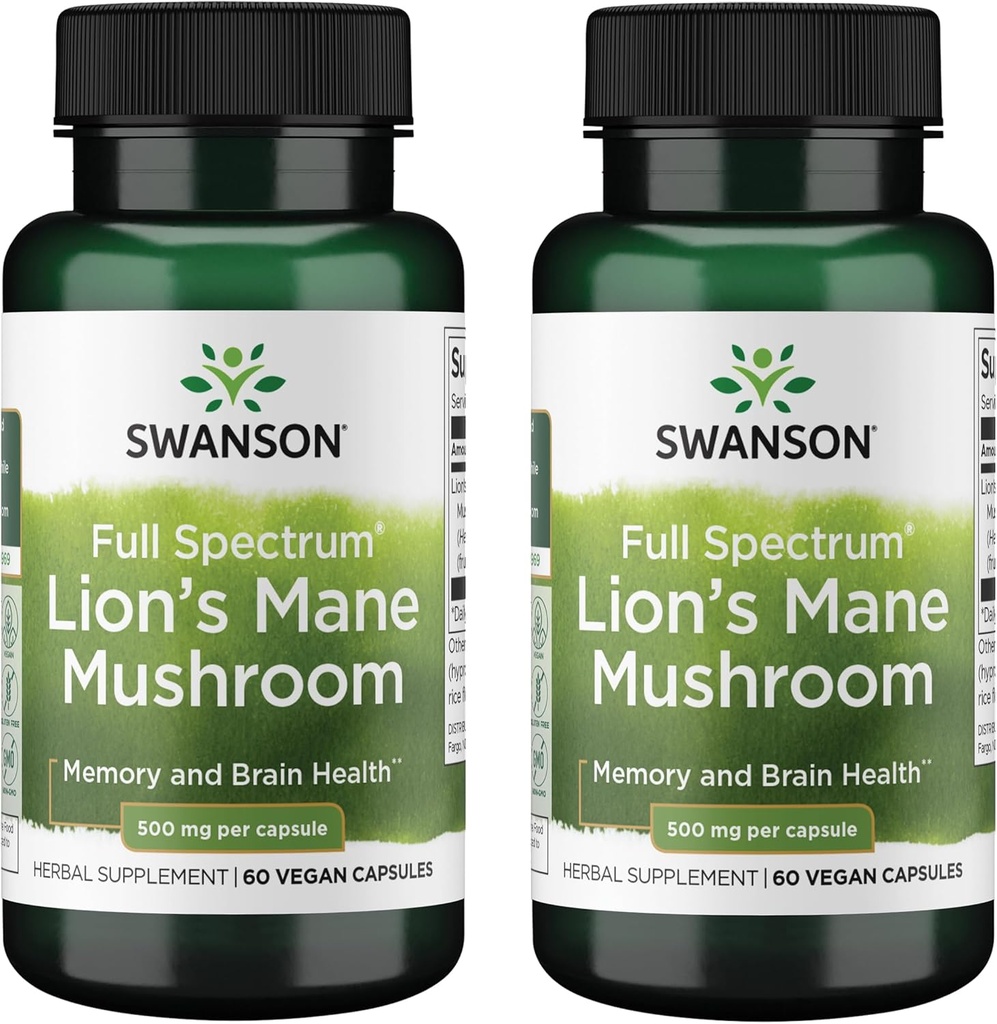 Swanson Full Spectrum Lion's Mane Mushroom - Supplément santé cérébrale pour soutenir la mémoire, la concentration et la clarté* - Peut aussi aider la santé immunitaire, cardiaque et digestive - sans gluten et sans OGM - 60 capsules (2 pack)
