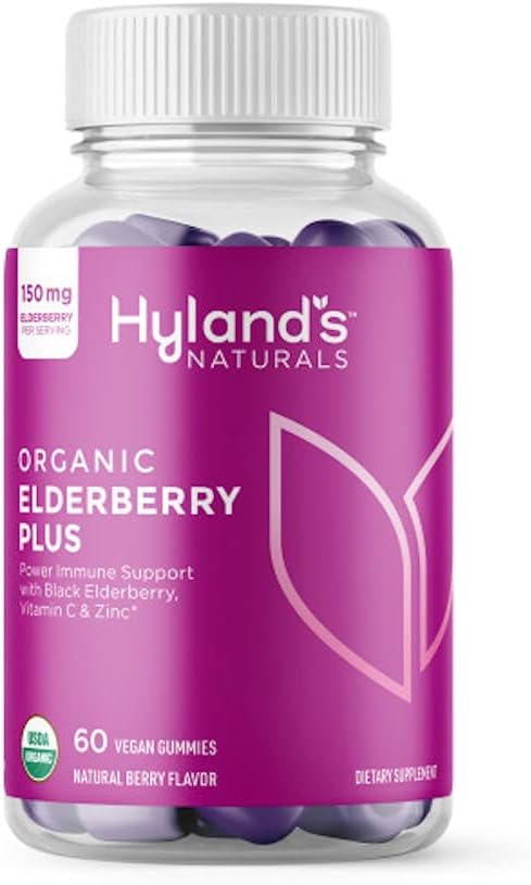 Hyland Organic Elderberry Plus Gummies, Organic Black Elderberry med ZINC og C-vitamin, immunsupporttillæg til voksne, 60 Vegan Gummies (30 dage)