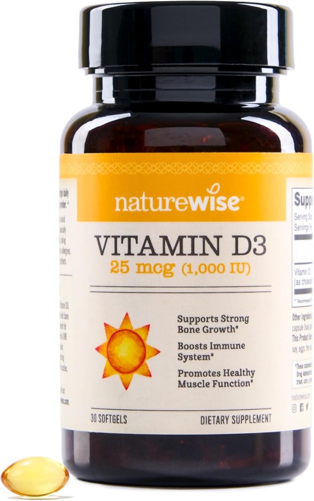 NatureWise Vitamin D3 1000iu (25 mcg) Immune Support üçün 30-Day Supply, sağlam Muscle funksiyası və Bone Health - Gluten Organic Extra Virgin Olive Oil, (Mini Softgel), 30 Count