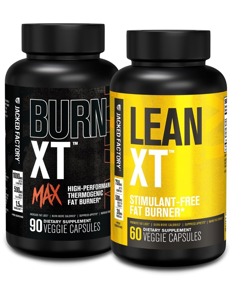 Jacked Factory Fat Burning Stack - Burn XT Max High Performance Fat Burner (90 Capsules) - Lean XT Stimulant-Free Weight Loss Amplifier and Appetite Suppression (60 Capsules)