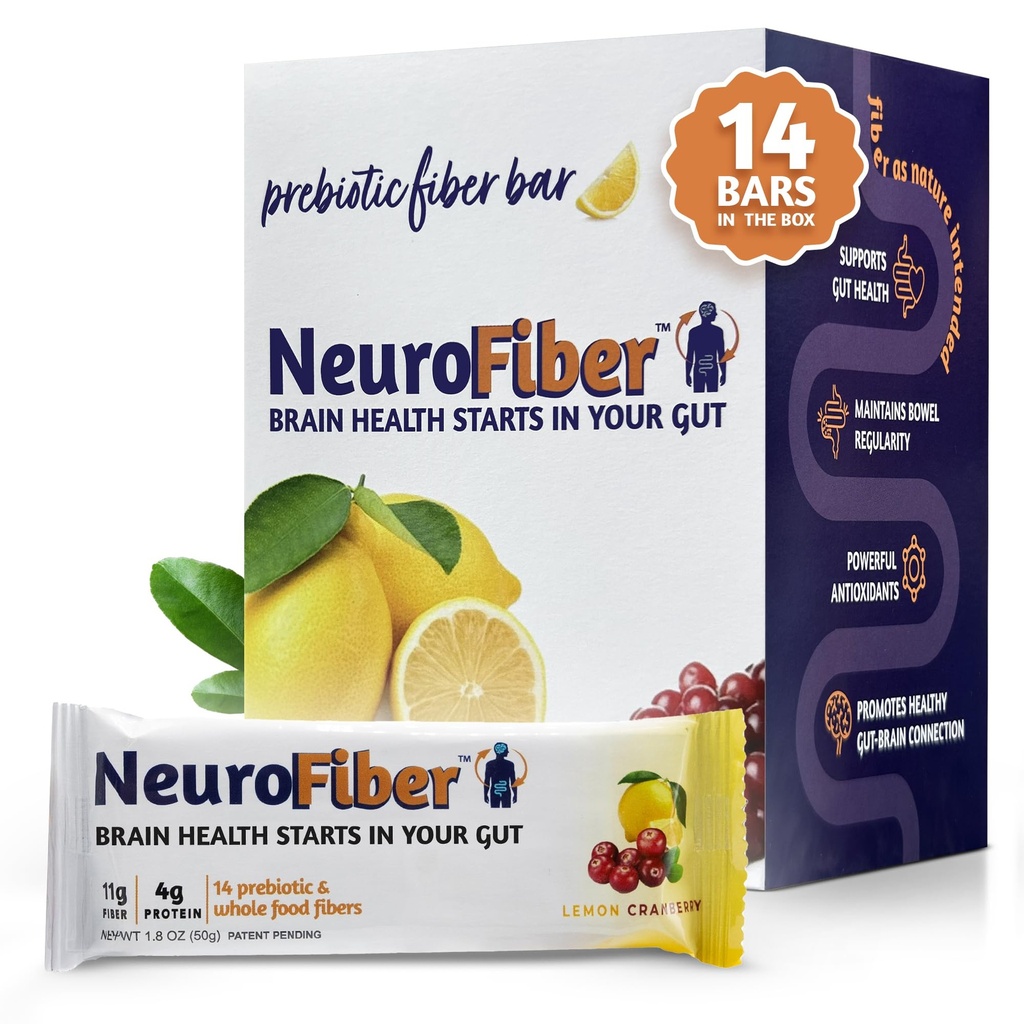 NeuroFiber Prebiotic High Fiber Bars – Gut Health, Bowel Regularity & Brain Function Support – Plant-Based, Gluten Free, Vegan (Pack of 14, Lemon Cranberry)