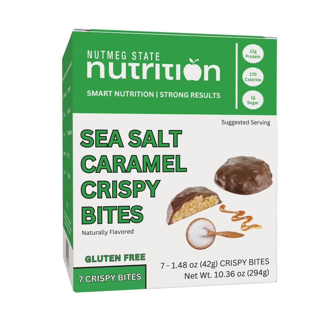 Nutmeg State Nutrition - High Protein Bites, 12g Protein, Low Calories, 1g Sugar, Gluten Free, 7 Servings Per Box (1 Box, Sea Salt & Caramel)