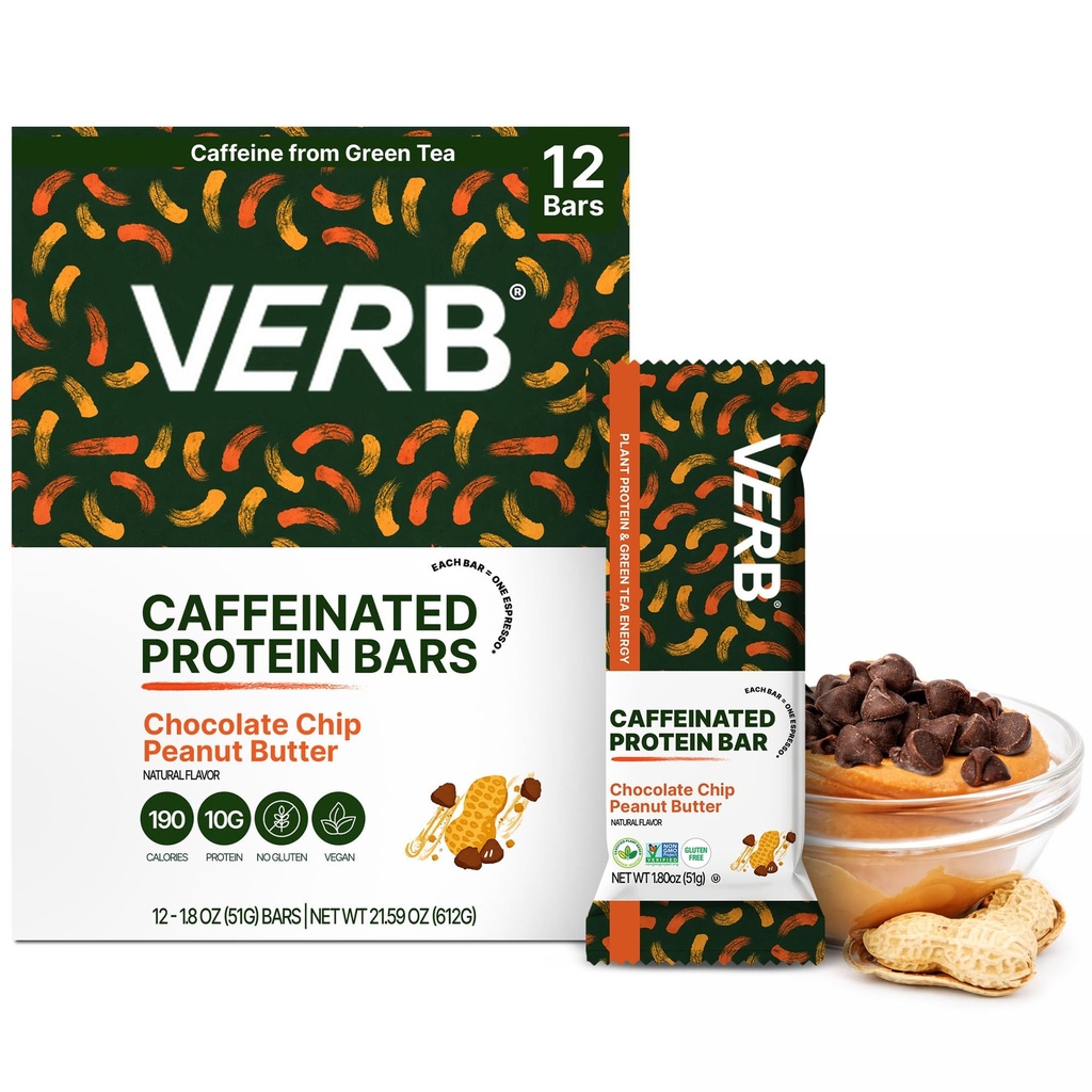 Verb Energy - Caffeinated Protein Bars Chocolate Chip Peanut Butter 10g Plant Based Protein Bars High Protein - Vegan Snack - Gluten Free Breakfast Snack with Organic Green Tea, 51g (Pack of 12)