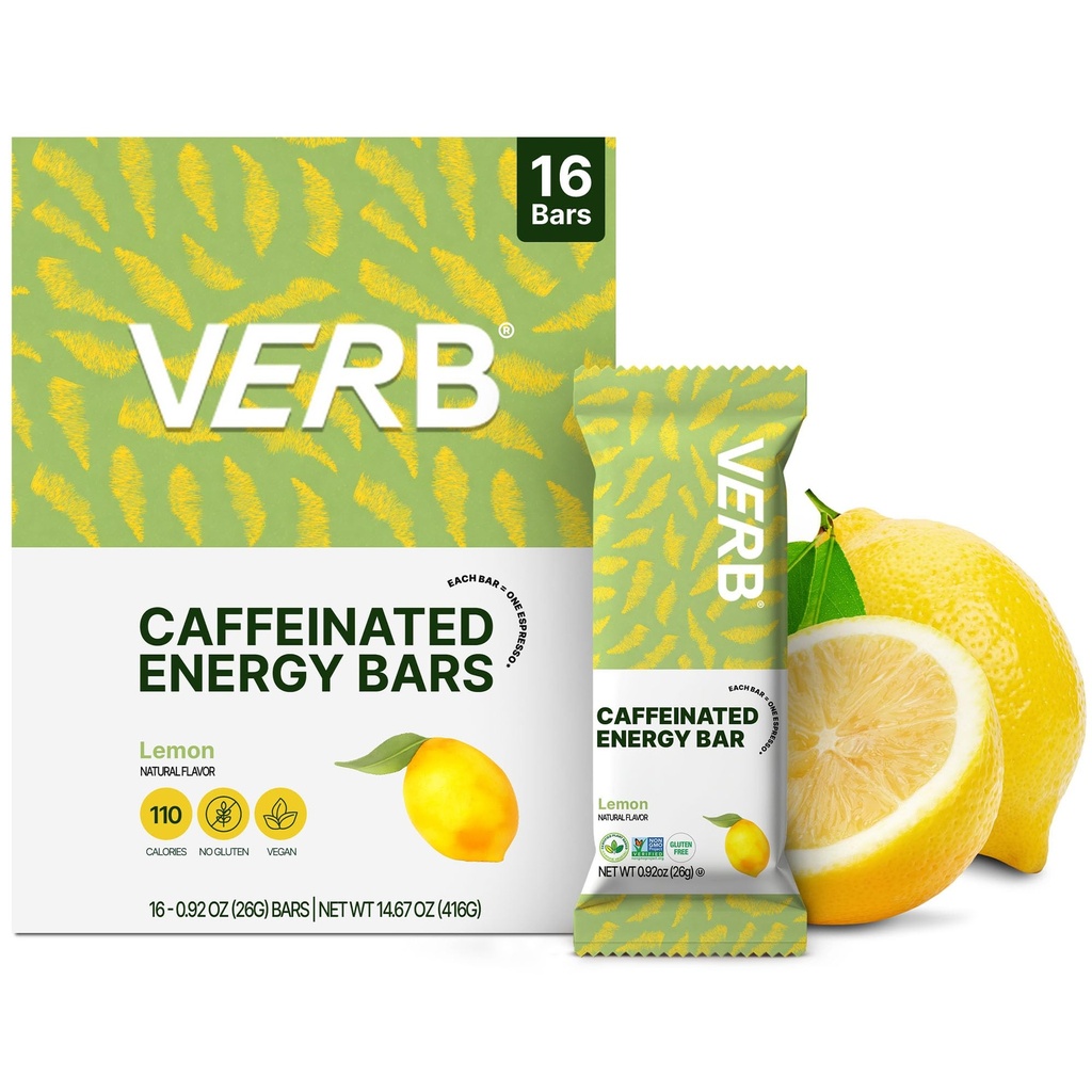 Verb Caffeinated Energy Bars Lemon (26g, Pack of 16) 110-Calorie Delicious Low Sugar Energy Bar - Vegan Gluten Free On-the Go Snack with 80mg Green Tea Caffeine, Only Real-Food Ingredients