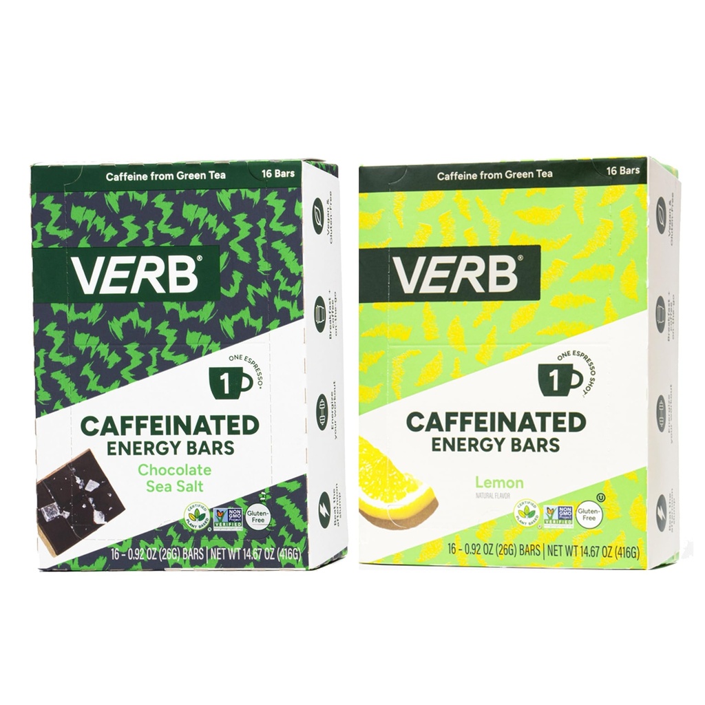 Verb Energy Bar Variety Pack – Chocolate Sea Salt & Lemon – 90-Calorie Caffeinated Snack Bars – Vegan, Gluten-Free, Low Sugar – With Organic Green Tea for Smooth Energy – 32-Count