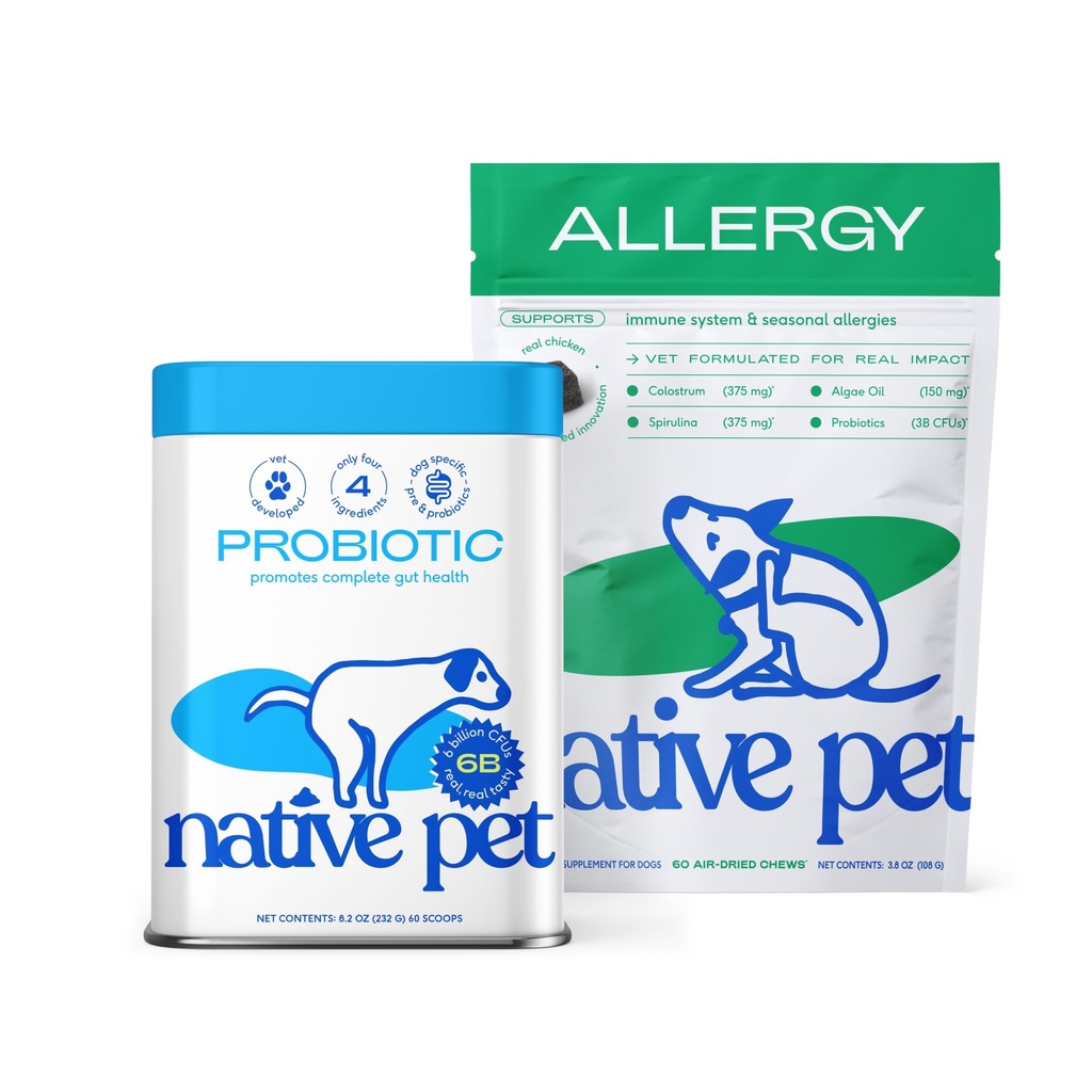 Native Pet Allergy Chews for Dogs (60 Air-Dried Chews) & Probiotic for Dogs (60 Scoops) - Itching Relief & Vet Created Probiotic Powder for Digestive Issues
